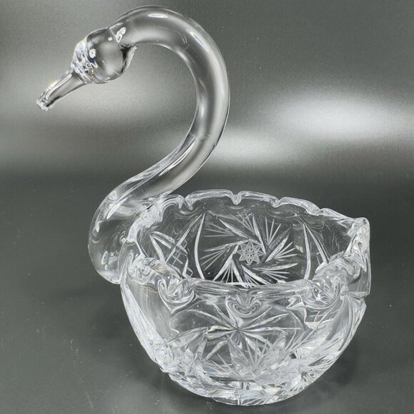Bohemia Czech Clear Crystal Glass Swan Pinwheel Glass Dish Bowl Duck Bird VTG - Picture 12 of 12